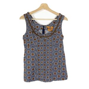 Tory Burch Geometric Top Pockets Sleeveless Navy Brown Sz 4